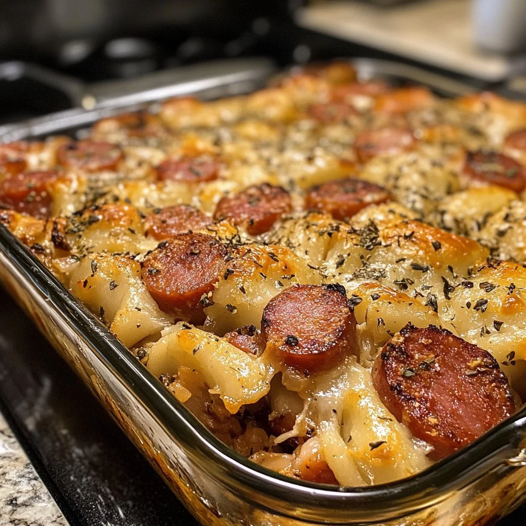 Kielbasa and Pierogi Bake served in a baking dish