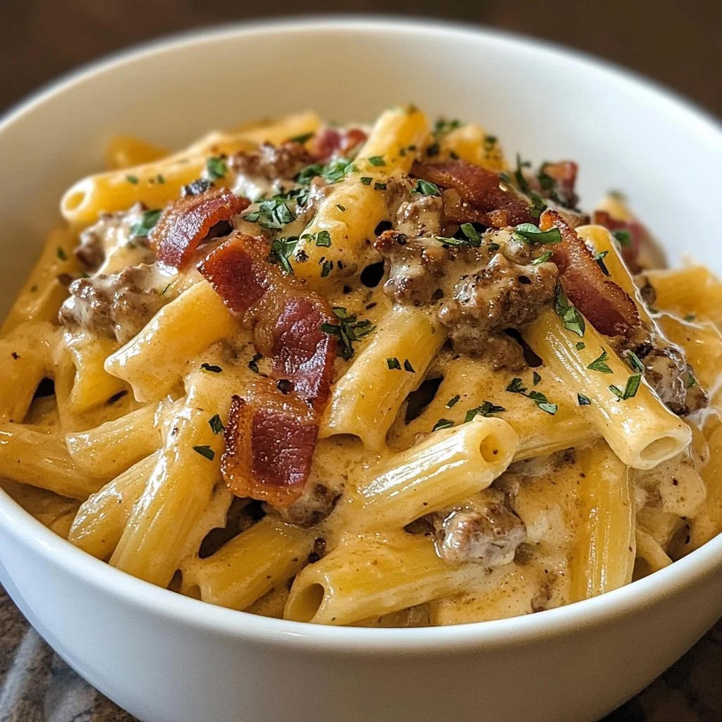 Loaded Bacon Cheeseburger Alfredo Pasta with bacon, cheese, and spaghetti