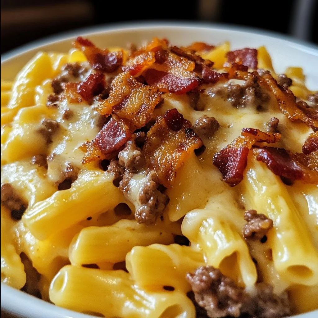 Delicious Loaded Bacon Cheeseburger Pasta garnished with herbs.