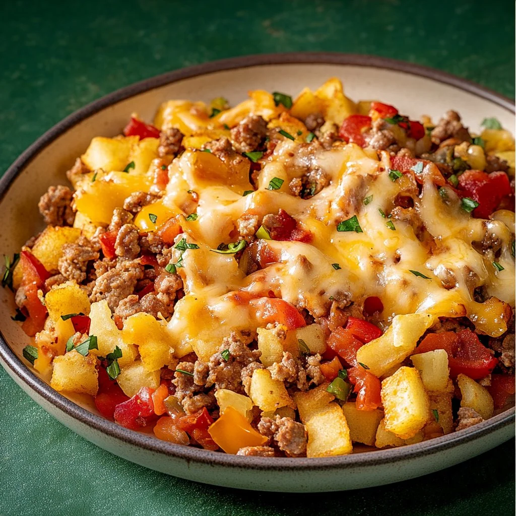 A hearty loaded breakfast hash with potatoes, eggs, and vegetables in a skillet.