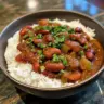 A delicious plate of Louisiana red beans and rice garnished with green onions