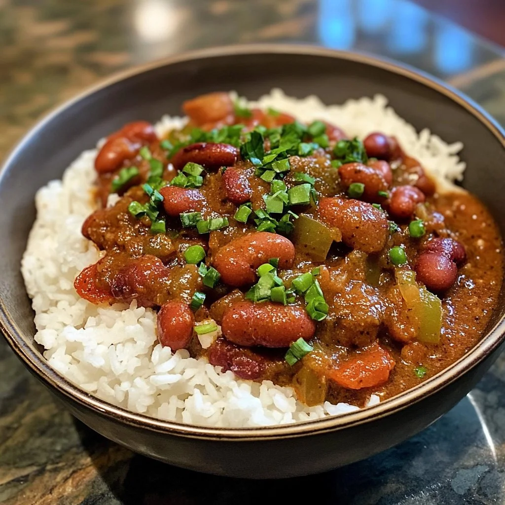 A delicious plate of Louisiana red beans and rice garnished with green onions
