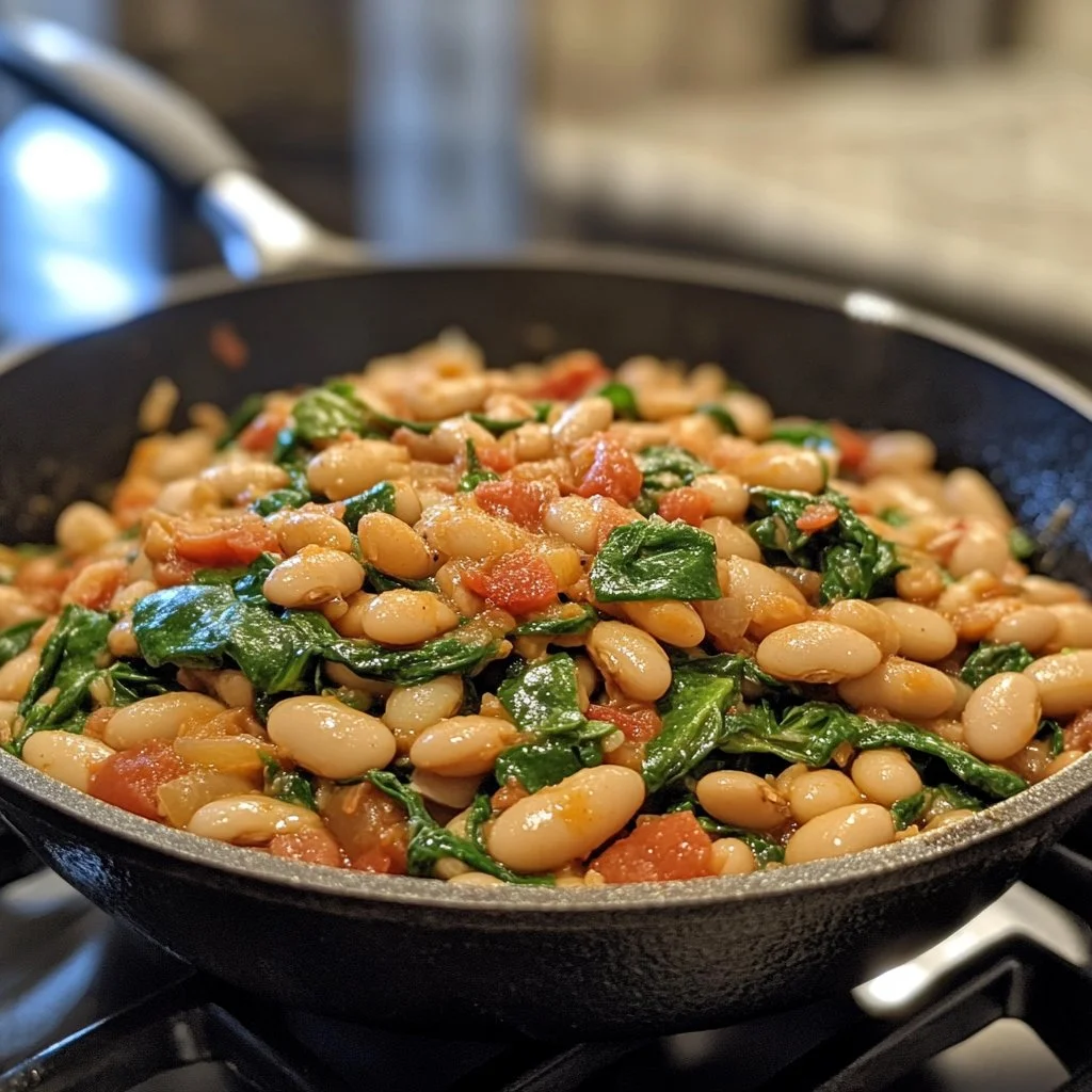 Marry Me White Bean & Spinach Skillet with vibrant greens and creamy beans