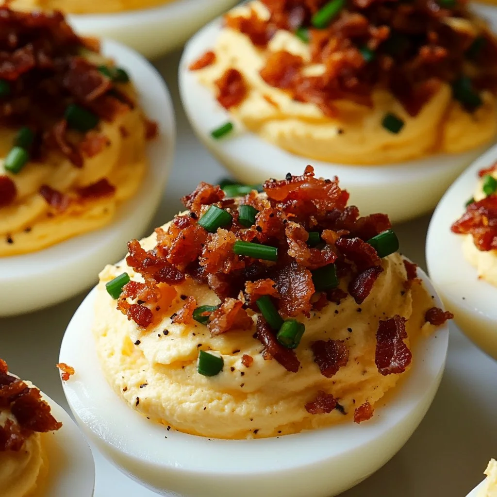 Million dollar bacon deviled eggs garnished with crispy bacon and herbs