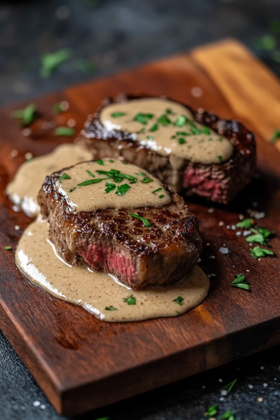 Seared Steak with Creamy Garlic Sauce