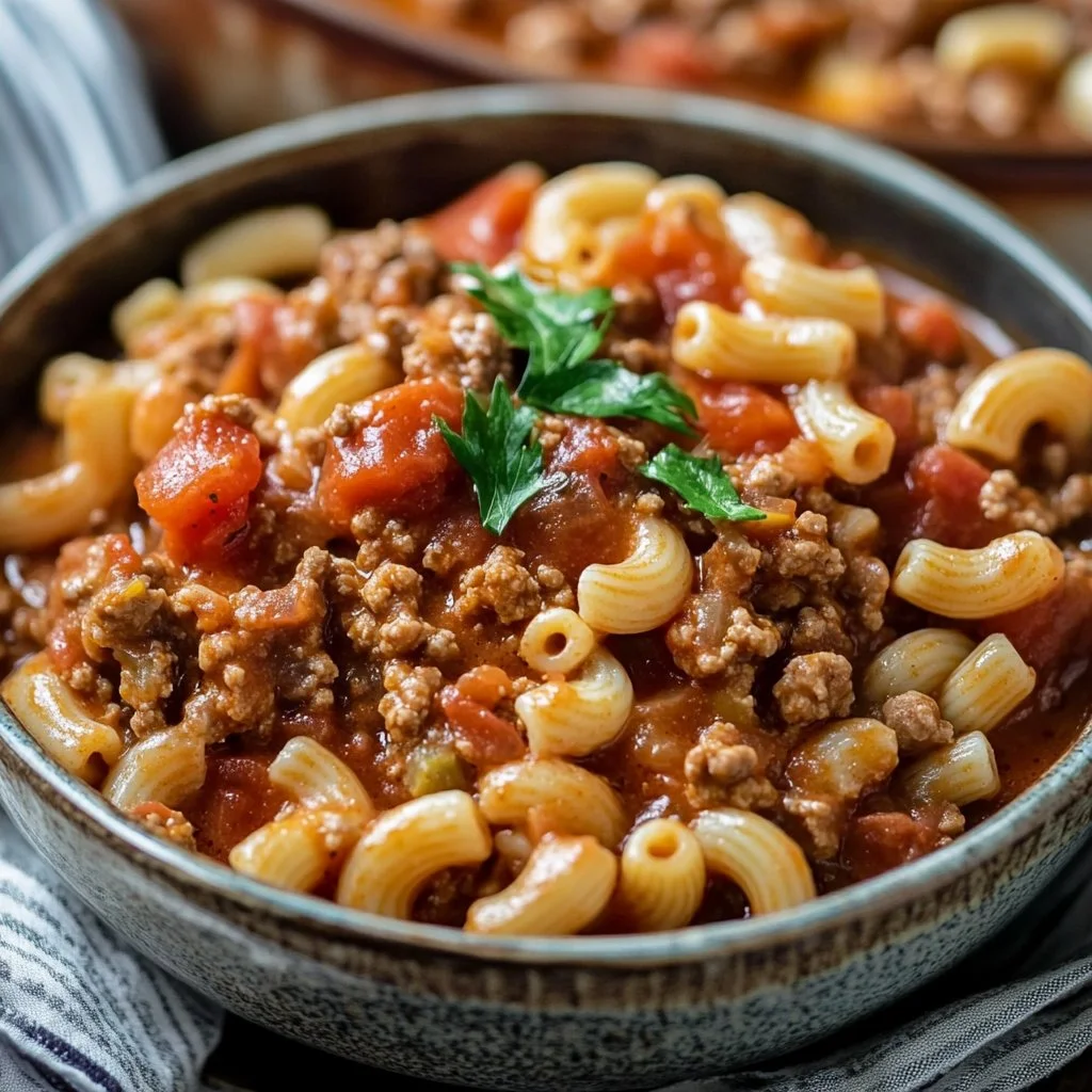 Bowl of old-fashioned goulash with pasta and beef, garnished with herbs