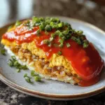 Delicious omelette rice served on a plate with herbs and vegetables.