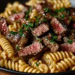 One-Pot Creamy Spicy Garlic Butter Steak and Pasta dish served in a bowl.