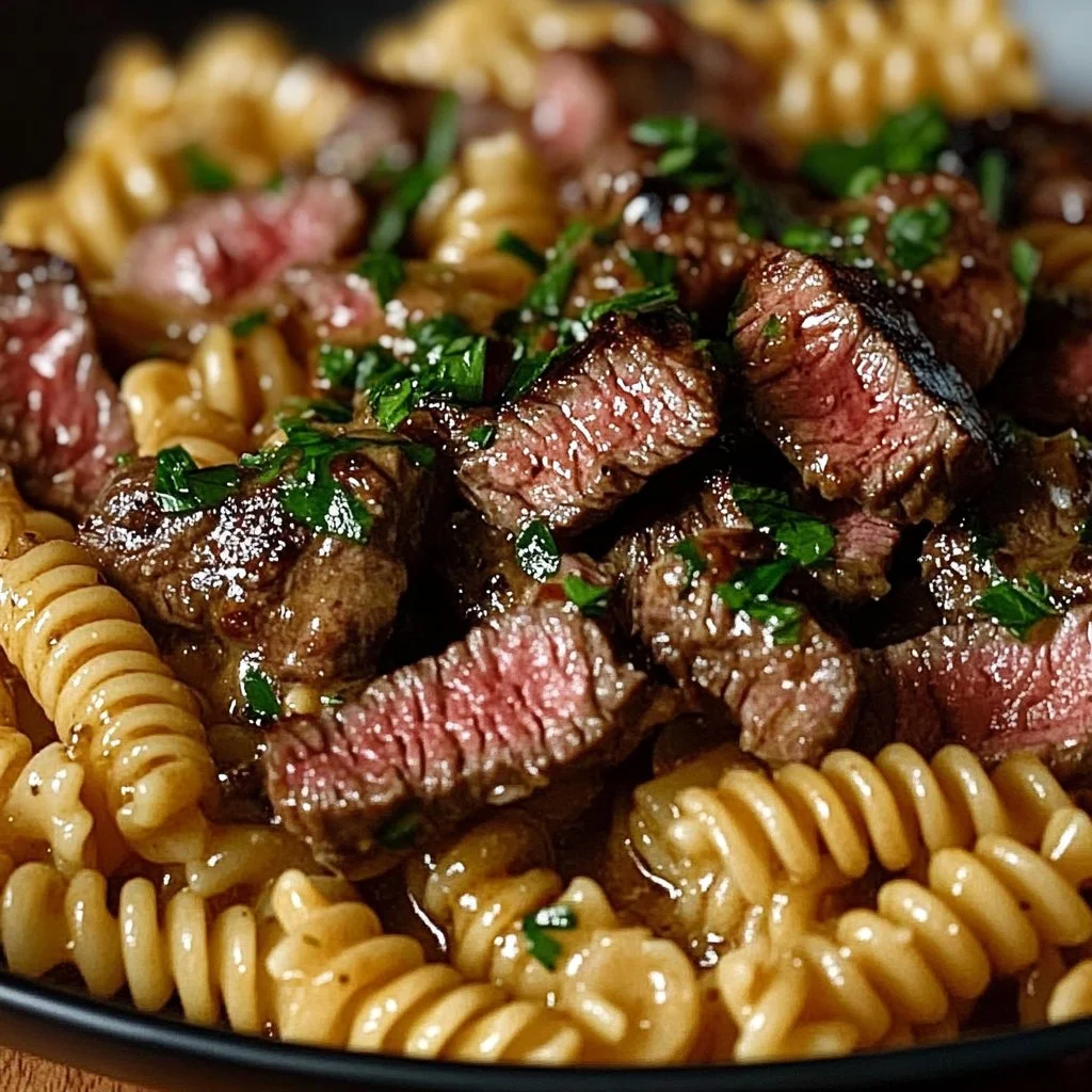 One-Pot Creamy Spicy Garlic Butter Steak and Pasta dish served in a bowl.