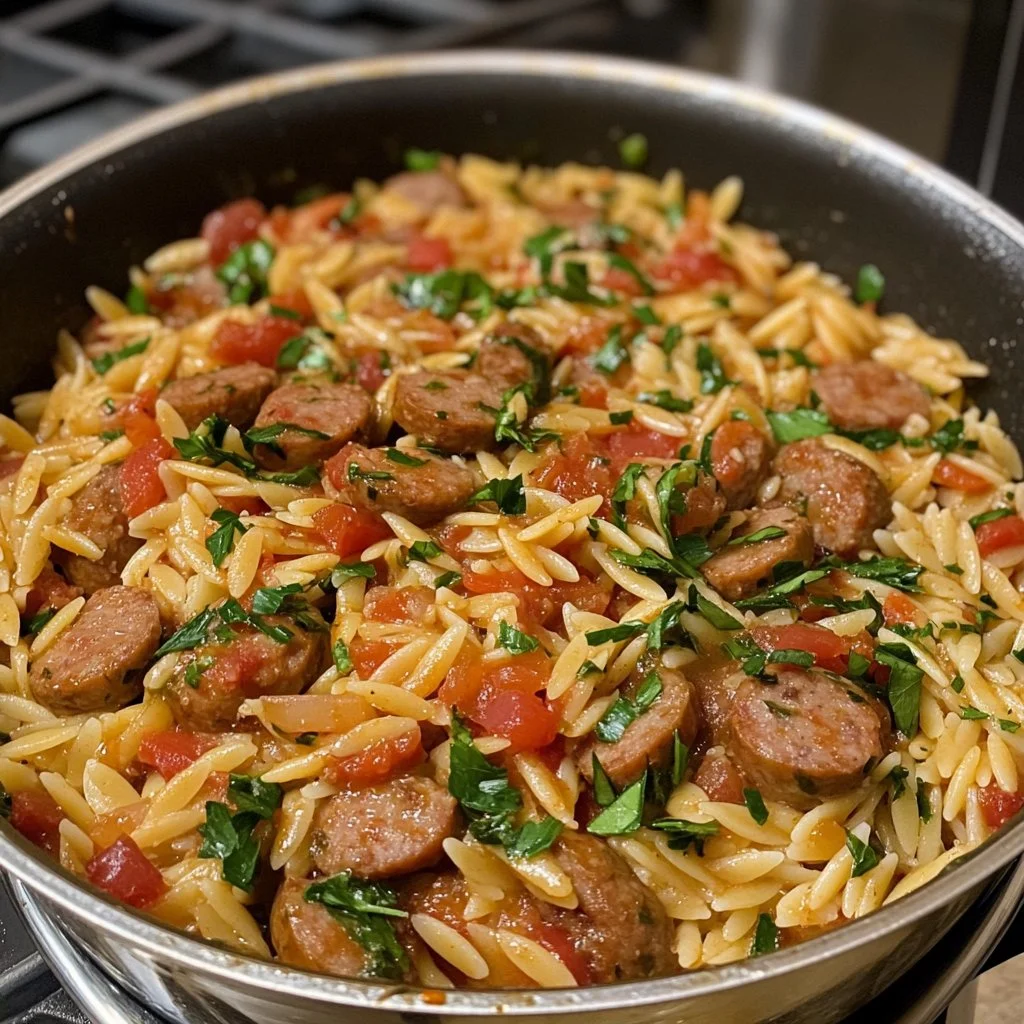 One Pot Italian Sausage Orzo dish served in a bowl with herbs