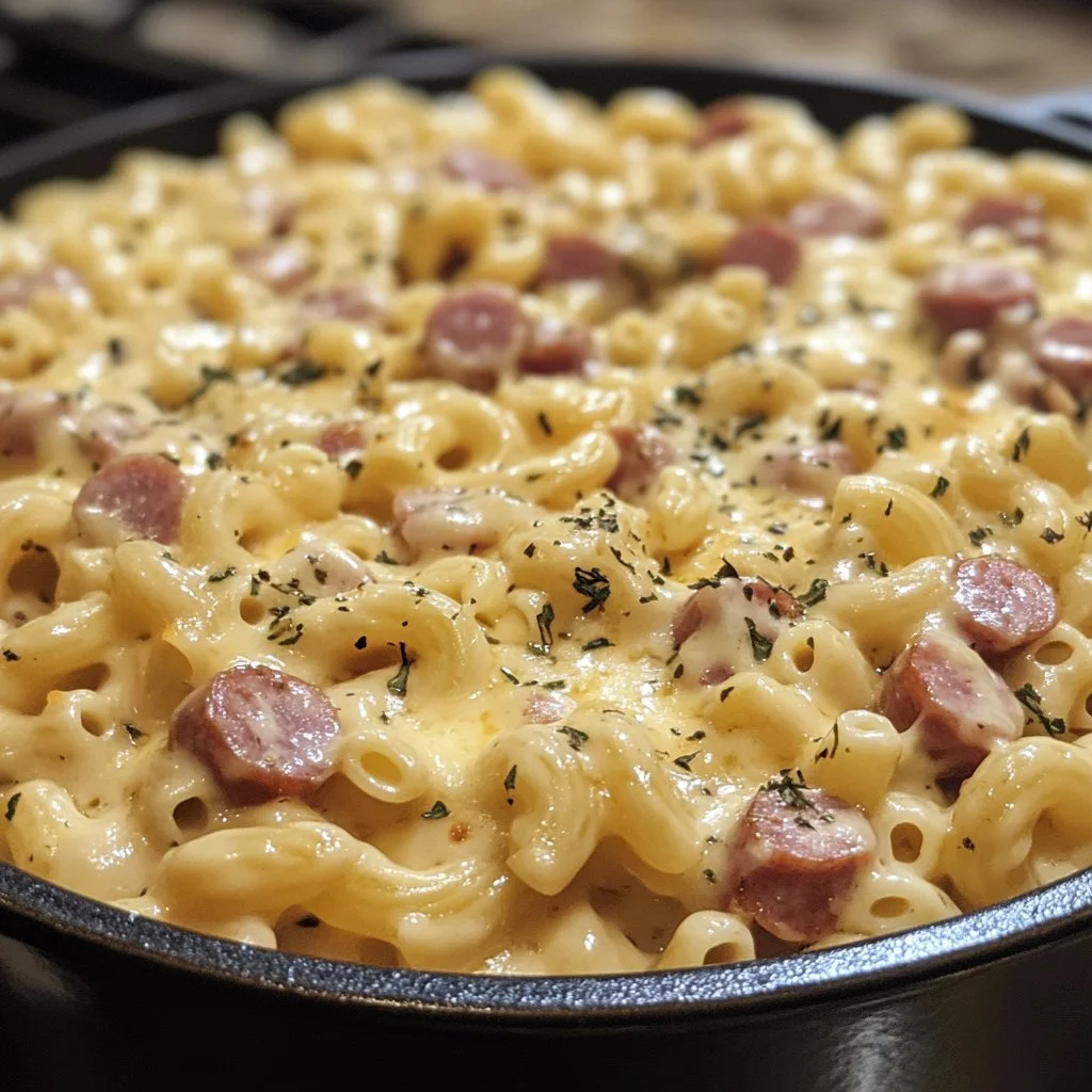 One-Pot Kielbasa Mac and Cheese in a bowl, featuring creamy pasta and sausage.
