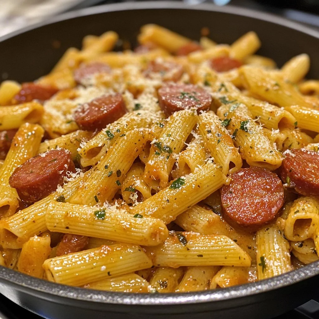 Delicious One Pot Kielbasa Pasta served in a bowl with fresh herbs and ingredients.