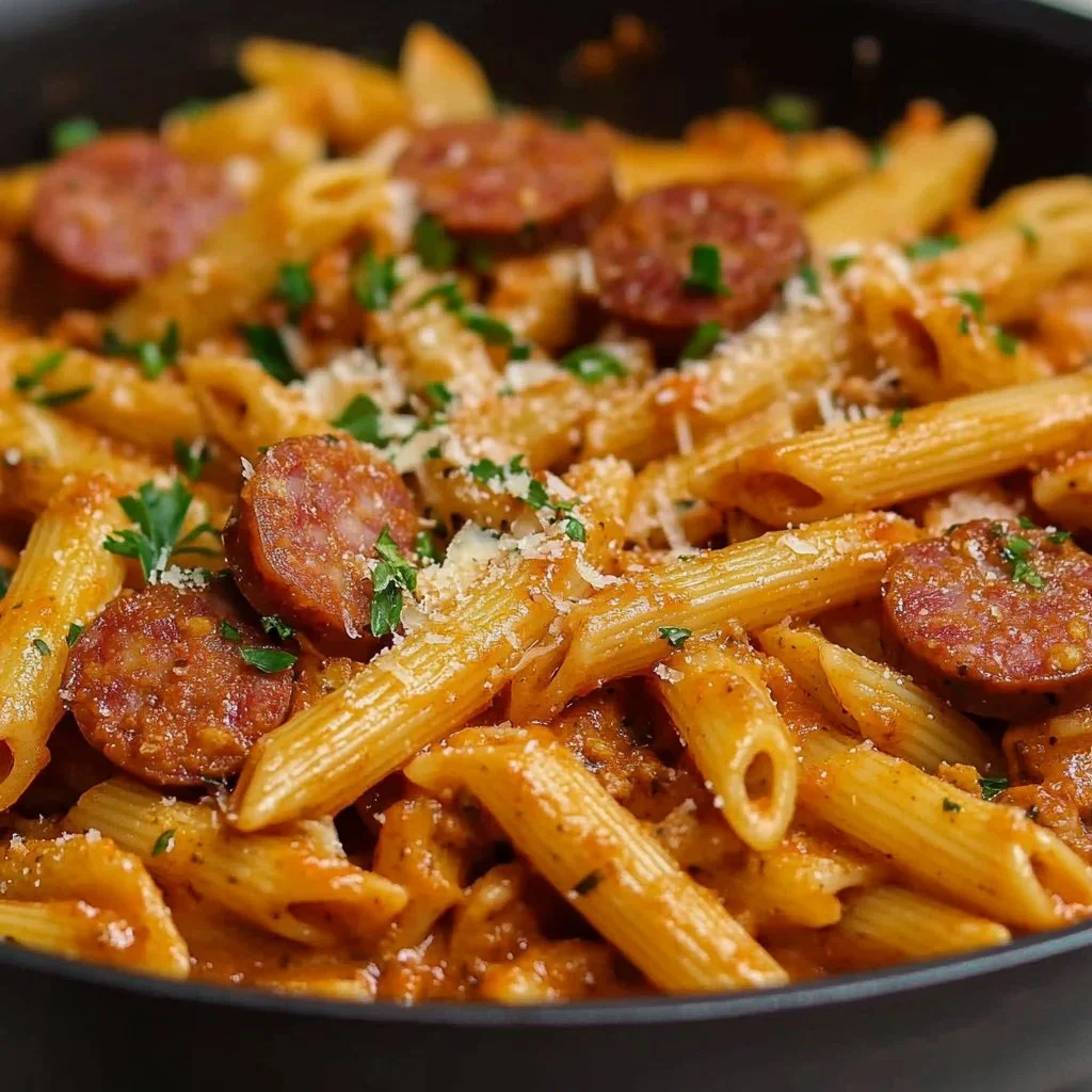 One Pot Spicy Sausage Skillet with vibrant vegetables and seasoned sausage