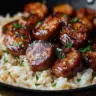 One-skillet Cajun honey garlic sausage and rice dish elegantly plated.