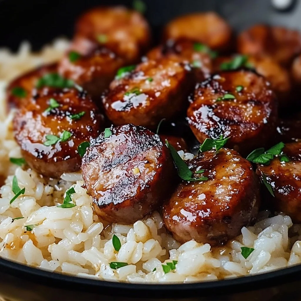 One-skillet Cajun honey garlic sausage and rice dish elegantly plated.