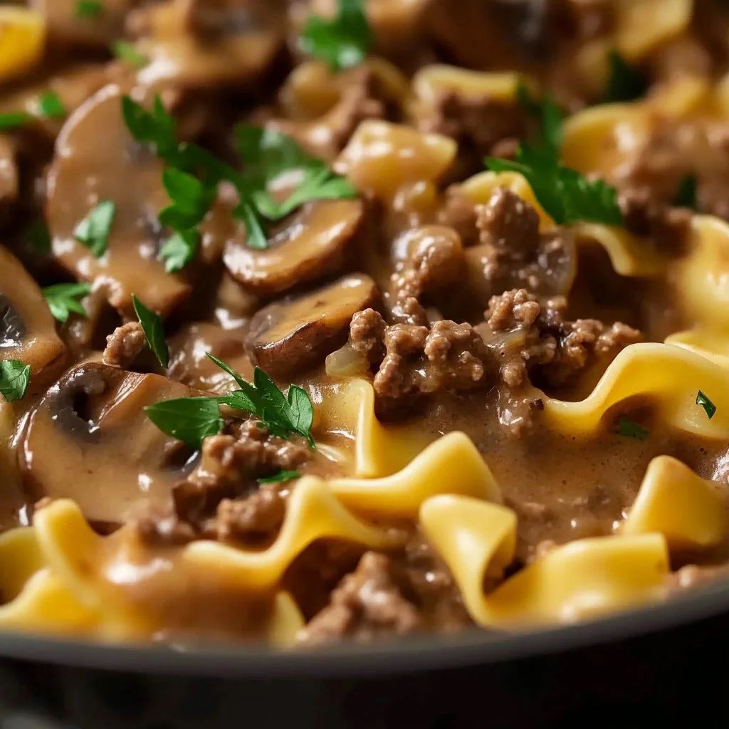 One Skillet Ground Beef Stroganoff prepared with savory beef and creamy sauce