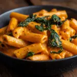 Penne pasta topped with creamy silken tofu rosé sauce for a flavorful vegan dish