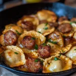 Delicious Perogies and Sausage Skillet served with fresh herbs
