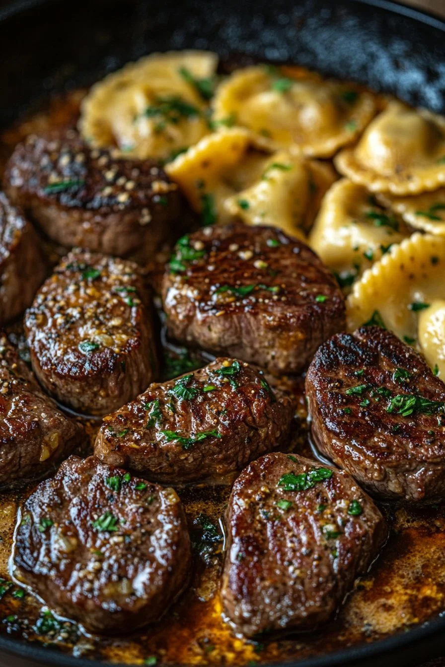 Steak Tips and Cheesy Ravioli in Garlic Butter