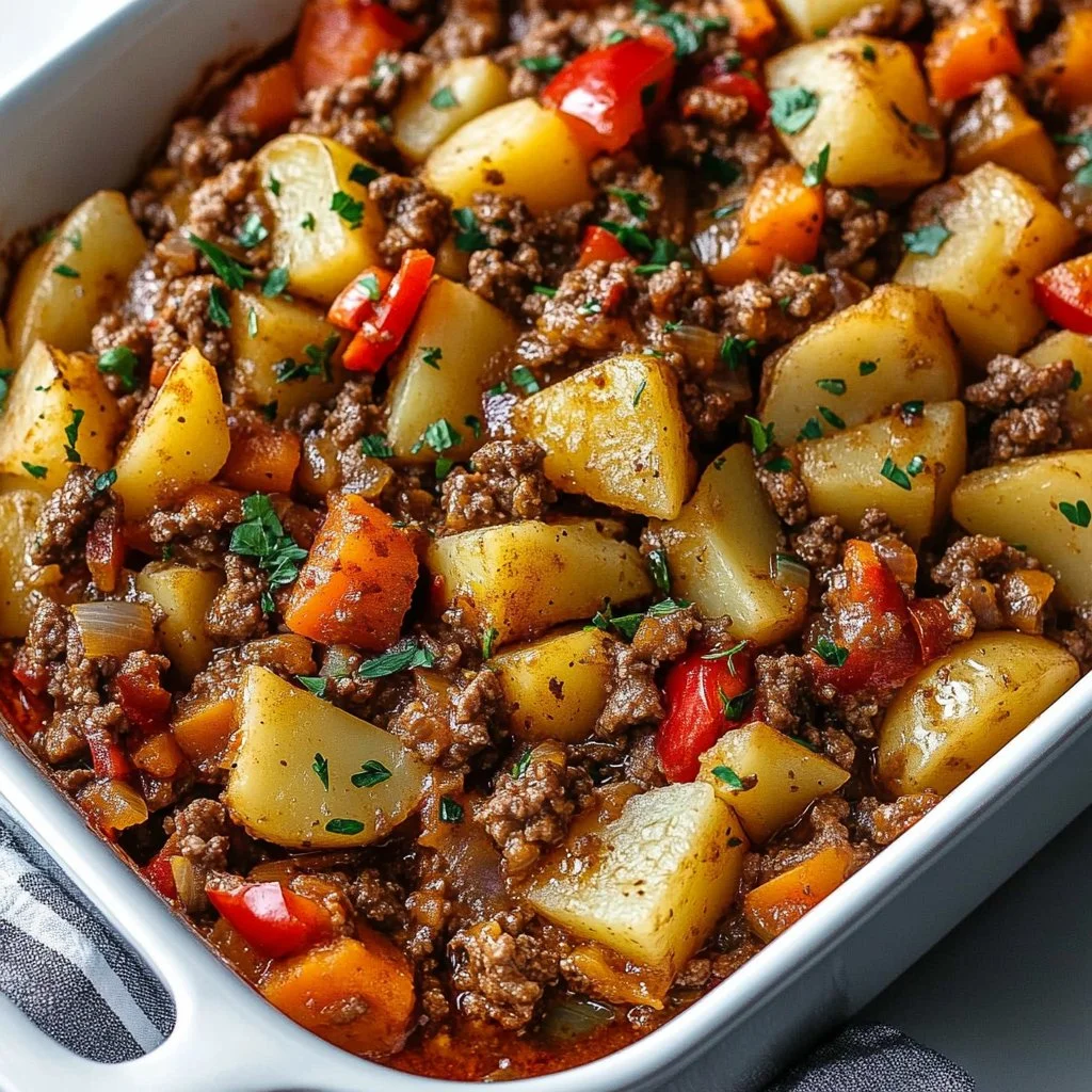 Saucy beef and vegetable casserole in a baking dish