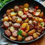 A flavorful sausage and potatoes skillet ready to serve, garnished with fresh herbs.