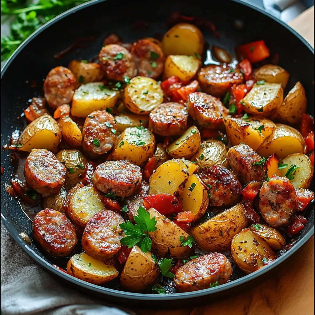 A flavorful sausage and potatoes skillet ready to serve, garnished with fresh herbs.