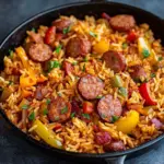 Sausage and rice skillet dish with colorful vegetables in a frying pan