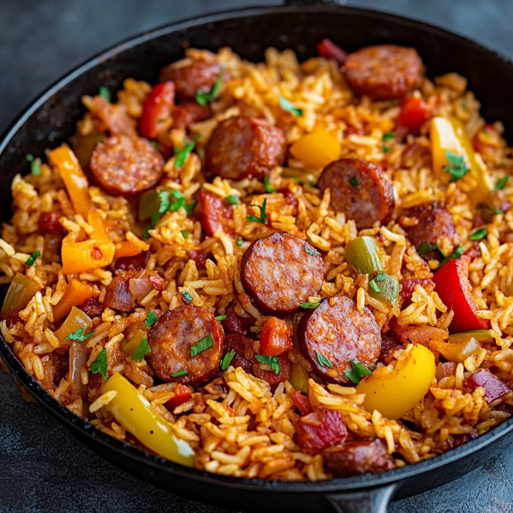 Sausage and rice skillet dish with colorful vegetables in a frying pan
