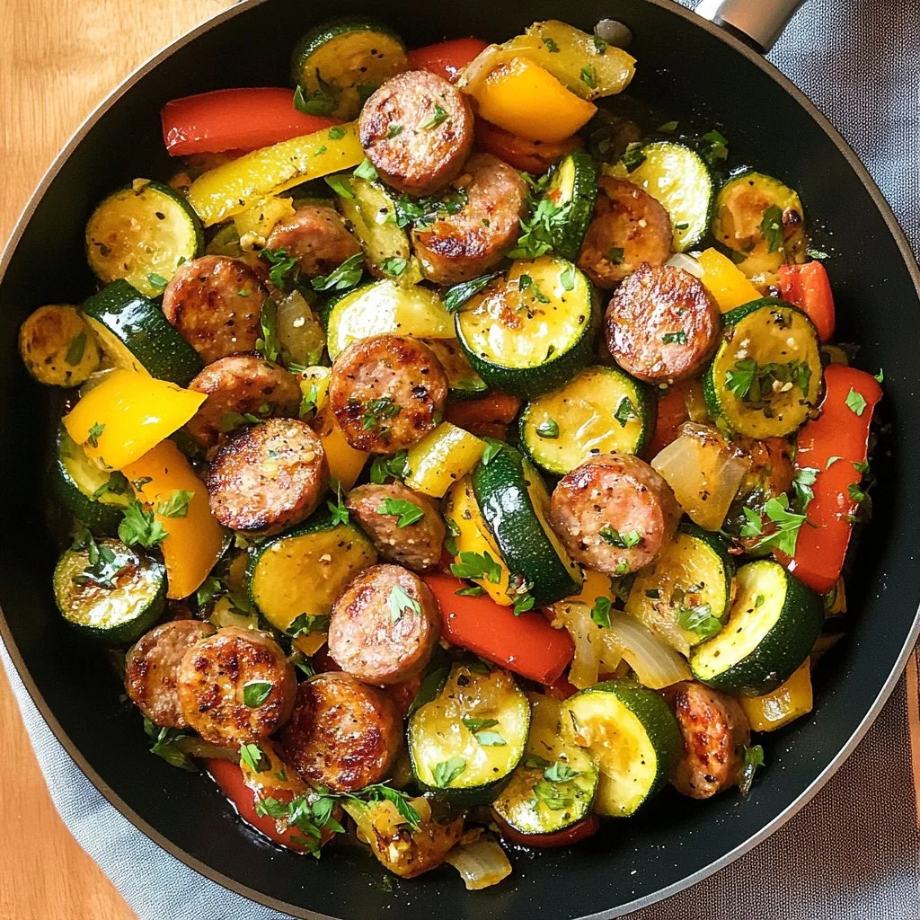 Delicious sausage and veggie skillet cooked to perfection