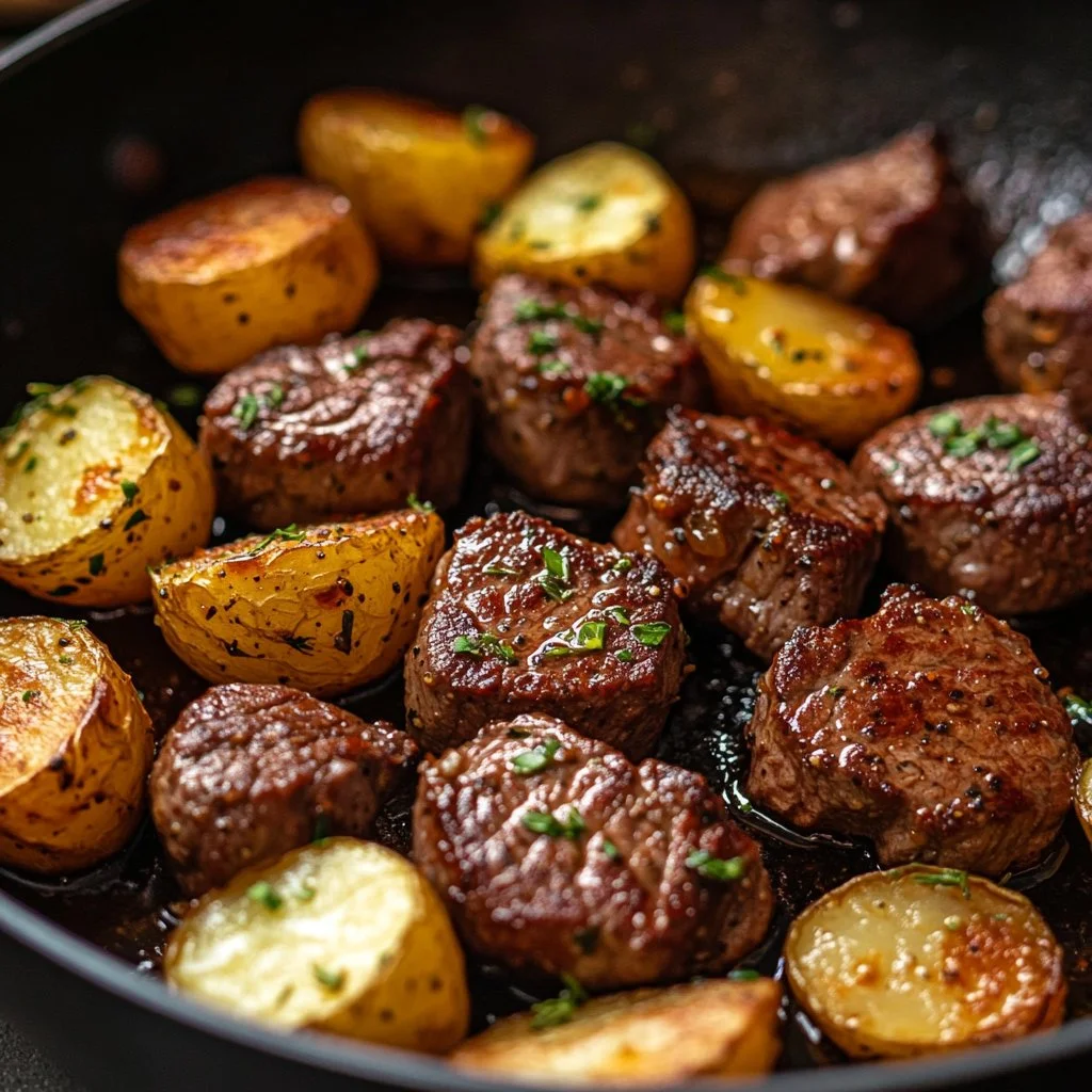 Savory garlic butter steak bites served on a plate with fresh herbs.