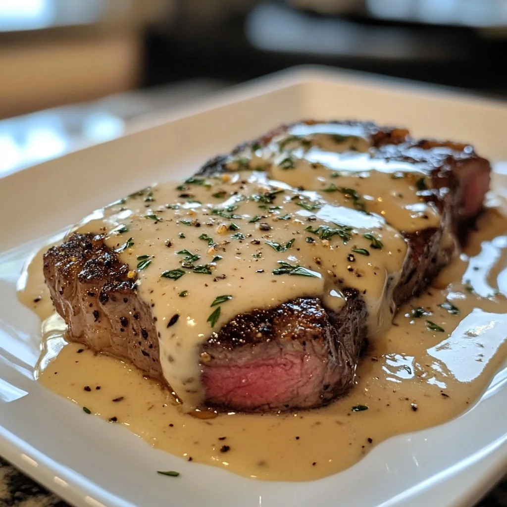 Seared steak served with a creamy garlic sauce on a white plate.
