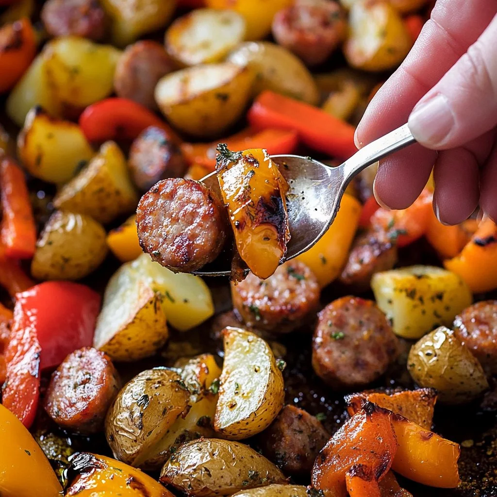 Sheet Pan Sausage with Peppers and Potatoes ready to serve