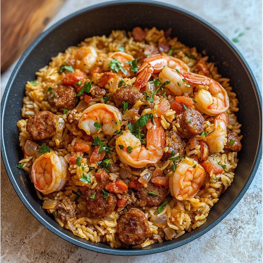 Delicious Shrimp and Sausage Jambalaya served in a bowl with fresh herbs