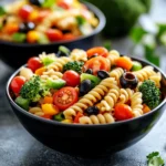 Simple high protein pasta salad with colorful vegetables and dressing