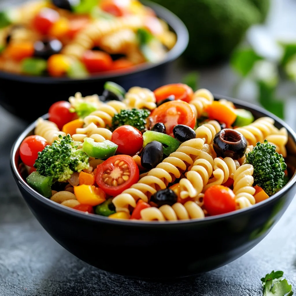 Simple high protein pasta salad with colorful vegetables and dressing