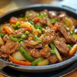 Delicious Chinese pepper steak with onions served in a sizzling plate.