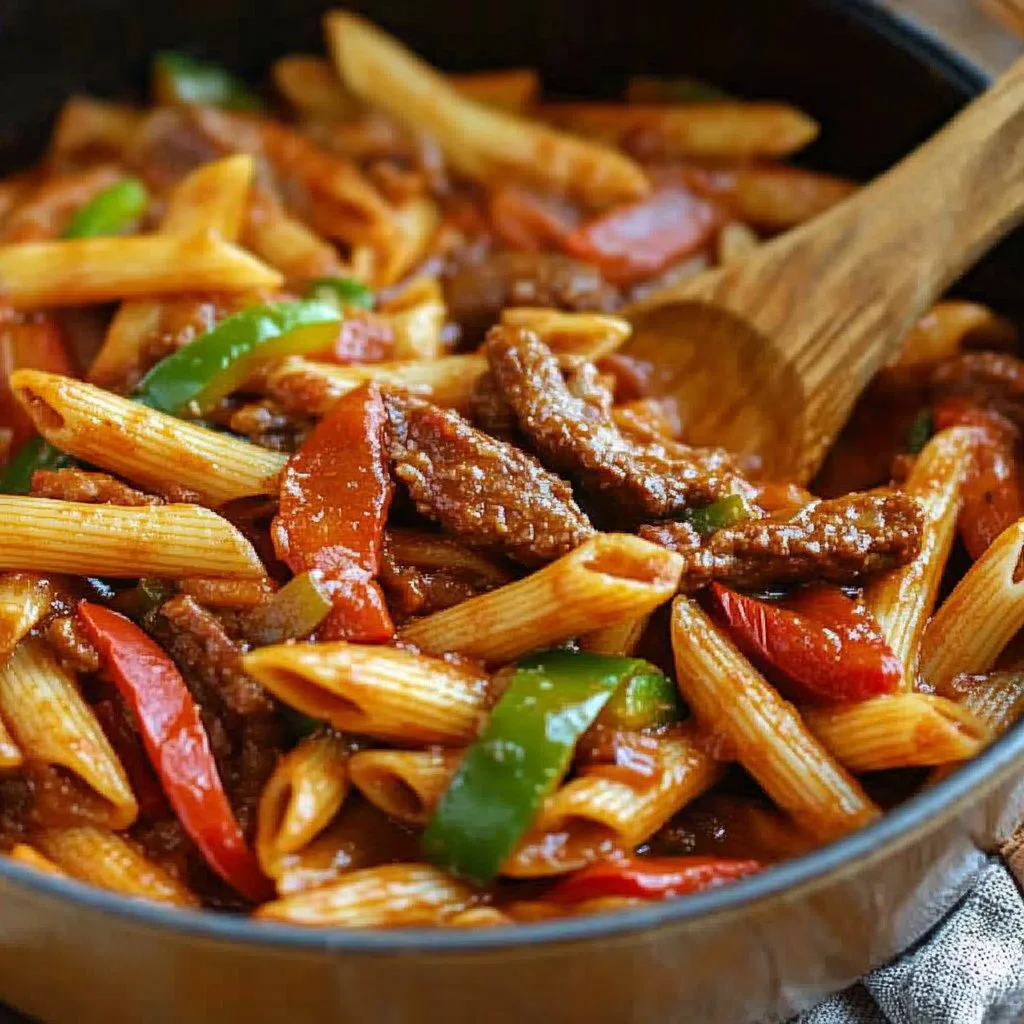 Skillet Italian sausage and peppers with whole-wheat penne pasta