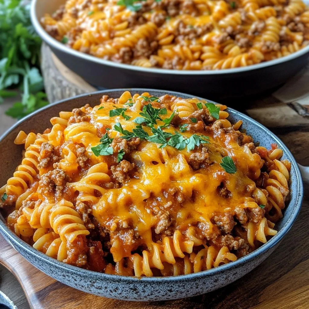 Delicious Sloppy Joe Casserole topped with cheese and served in a baking dish