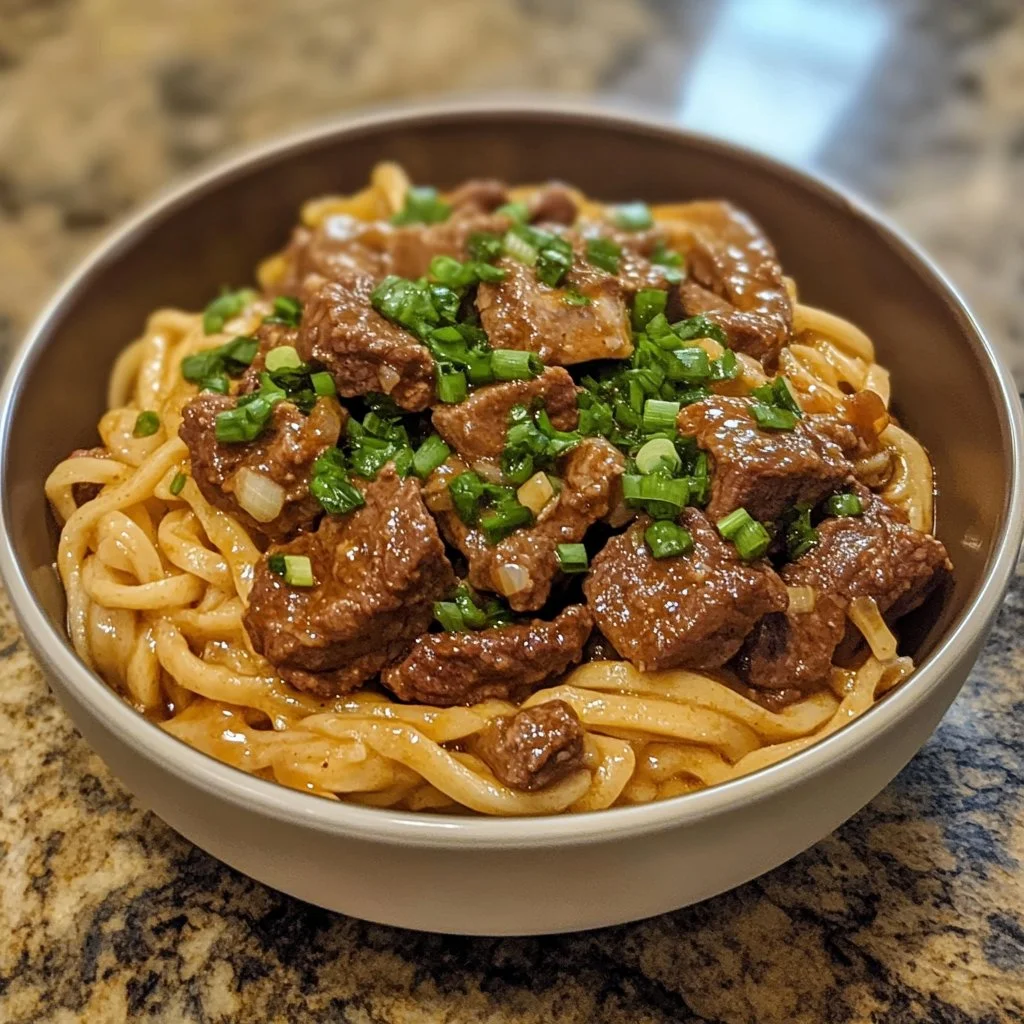 Slow-cooked beef and noodles served in a bowl garnished with herbs