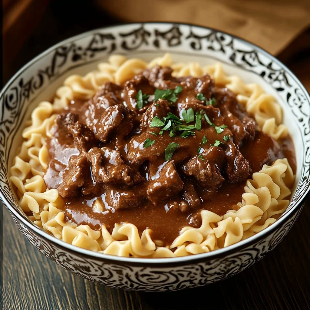 Delicious slow cooker beef noodles served with fresh herbs