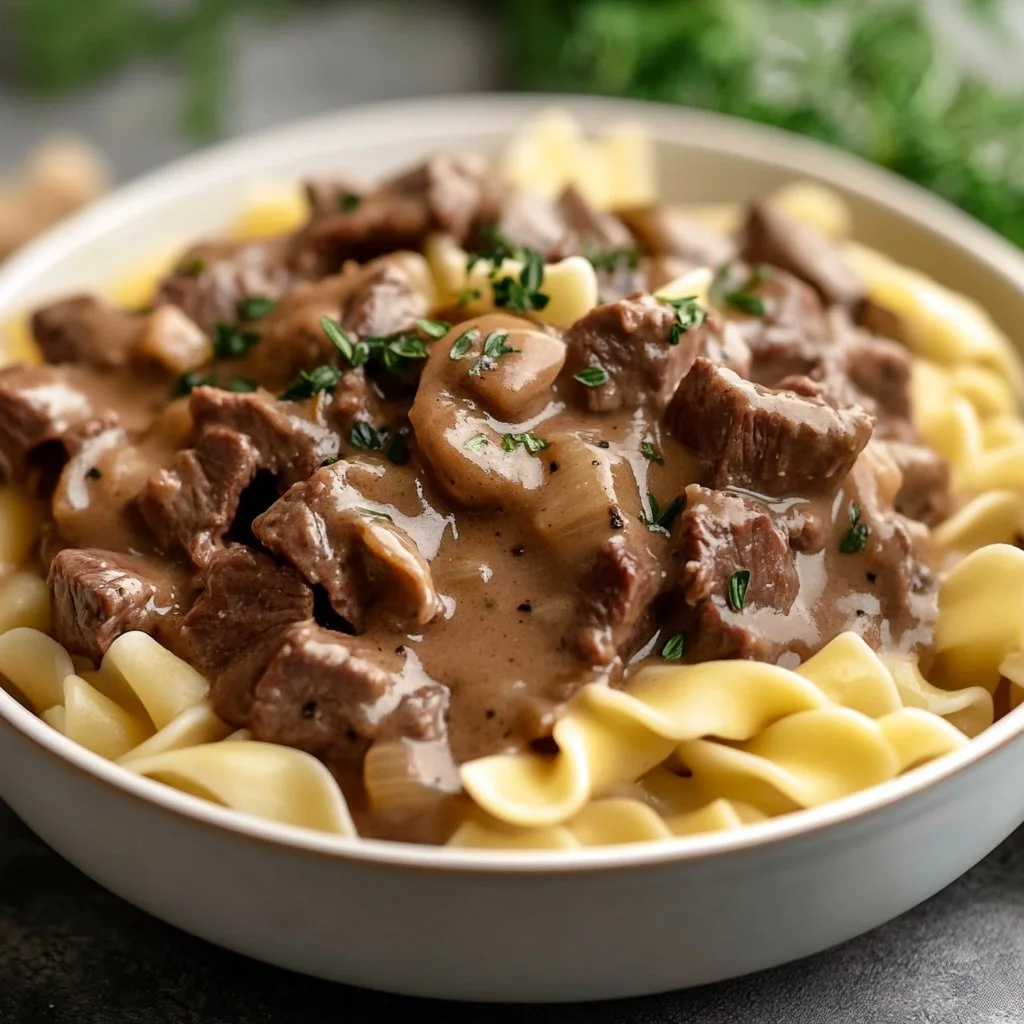 Delicious slow cooker beef stroganoff served with noodles and garnished with parsley