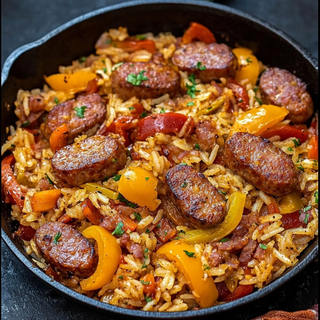 Smoky kielbasa with bell peppers and onions served on a plate.