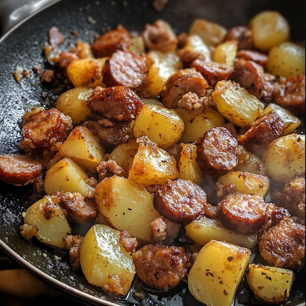 Plate of Southern fried potatoes served with savory sausage slices