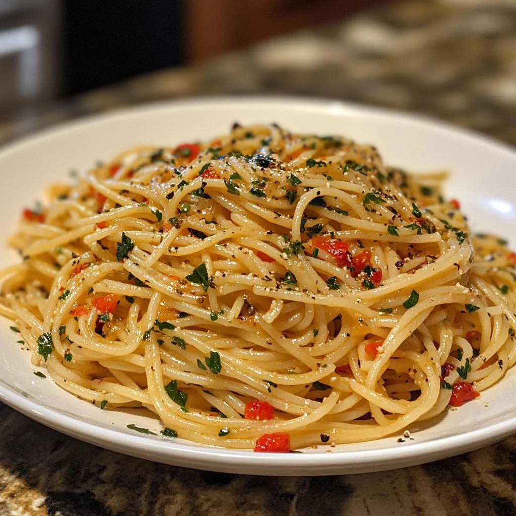 Plate of spaghetti with garlic and oil, garnished with parsley and chili flakes.