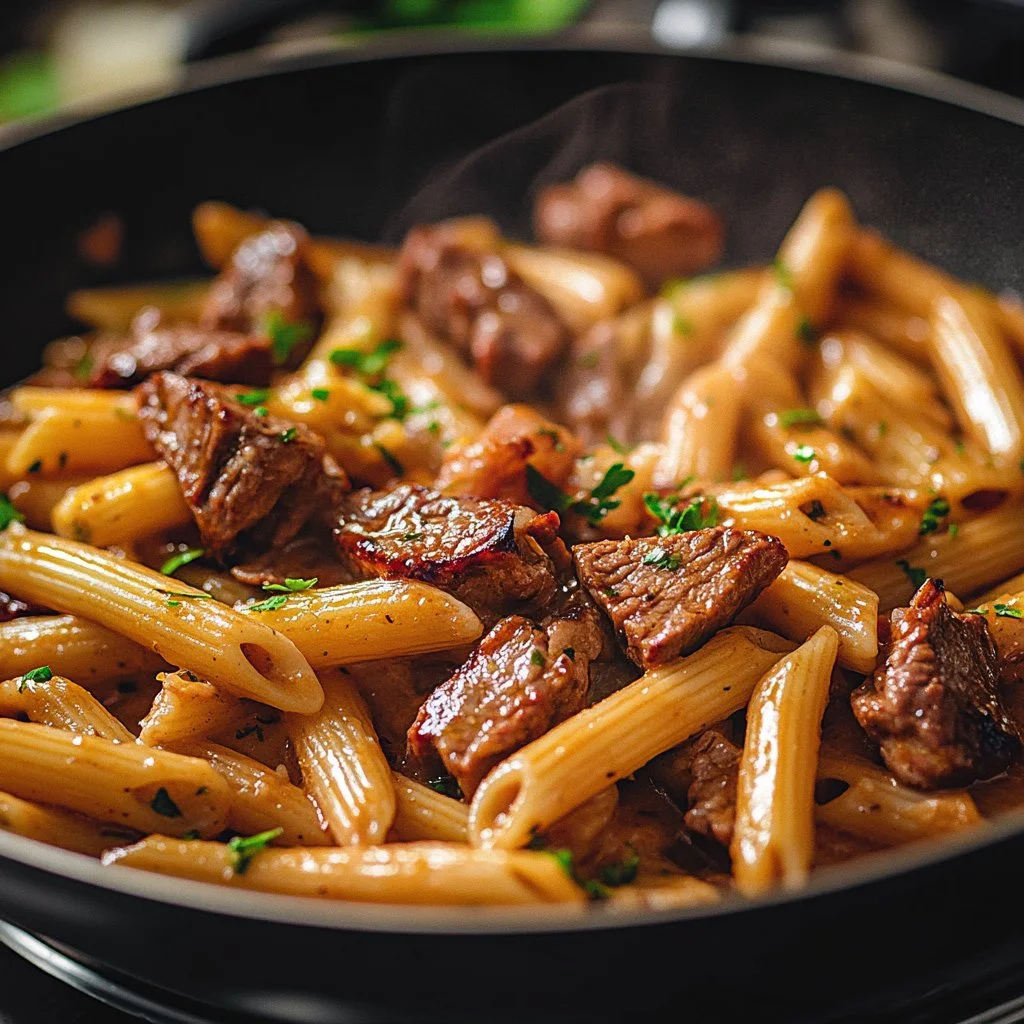 Delicious Spicy Garlic Butter Parmesan Steak Pasta dish garnished with herbs