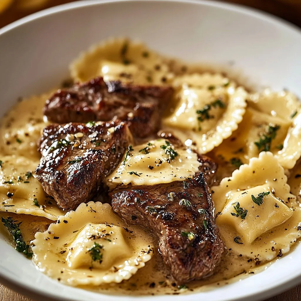 Plate of steak tips served with cheesy ravioli in garlic butter sauce