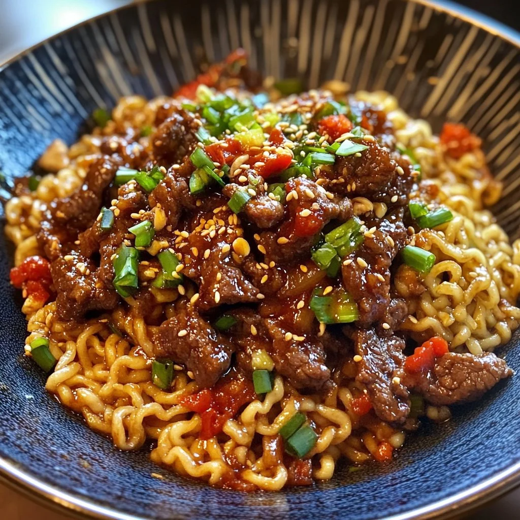 Delicious sticky beef noodles served in a bowl, garnished with fresh herbs.