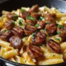 Delicious plate of sticky honey garlic pasta with Italian sausage and herbs