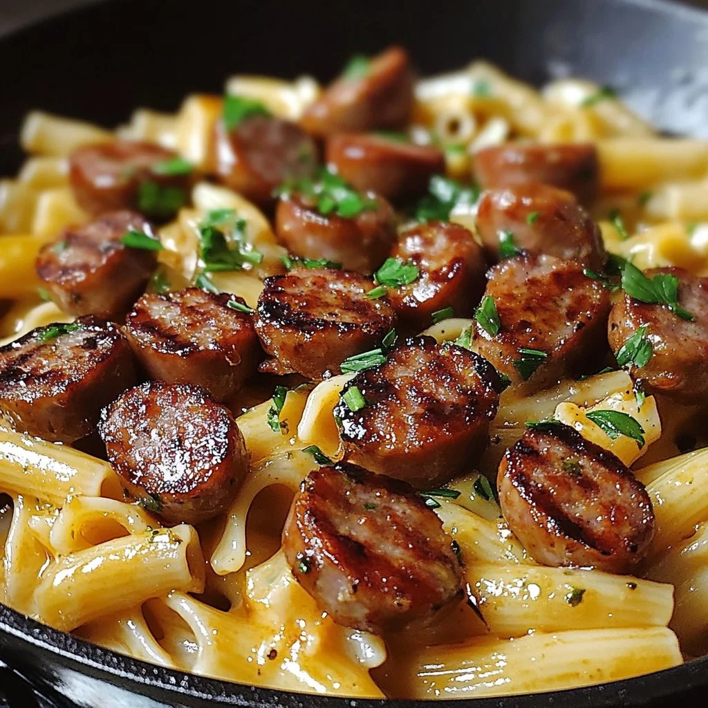 Delicious plate of sticky honey garlic pasta with Italian sausage and herbs