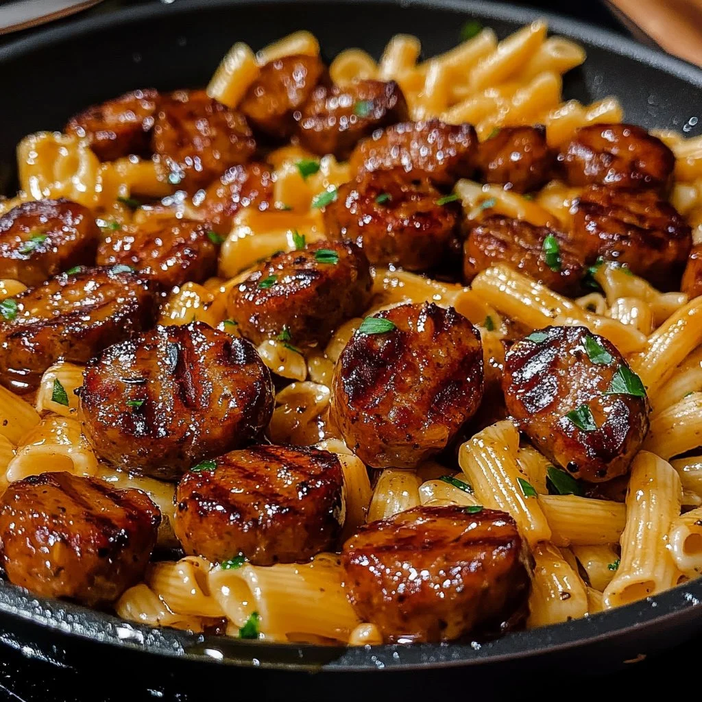 Sticky Honey Garlic Sausage Pasta Skillet served in a skillet